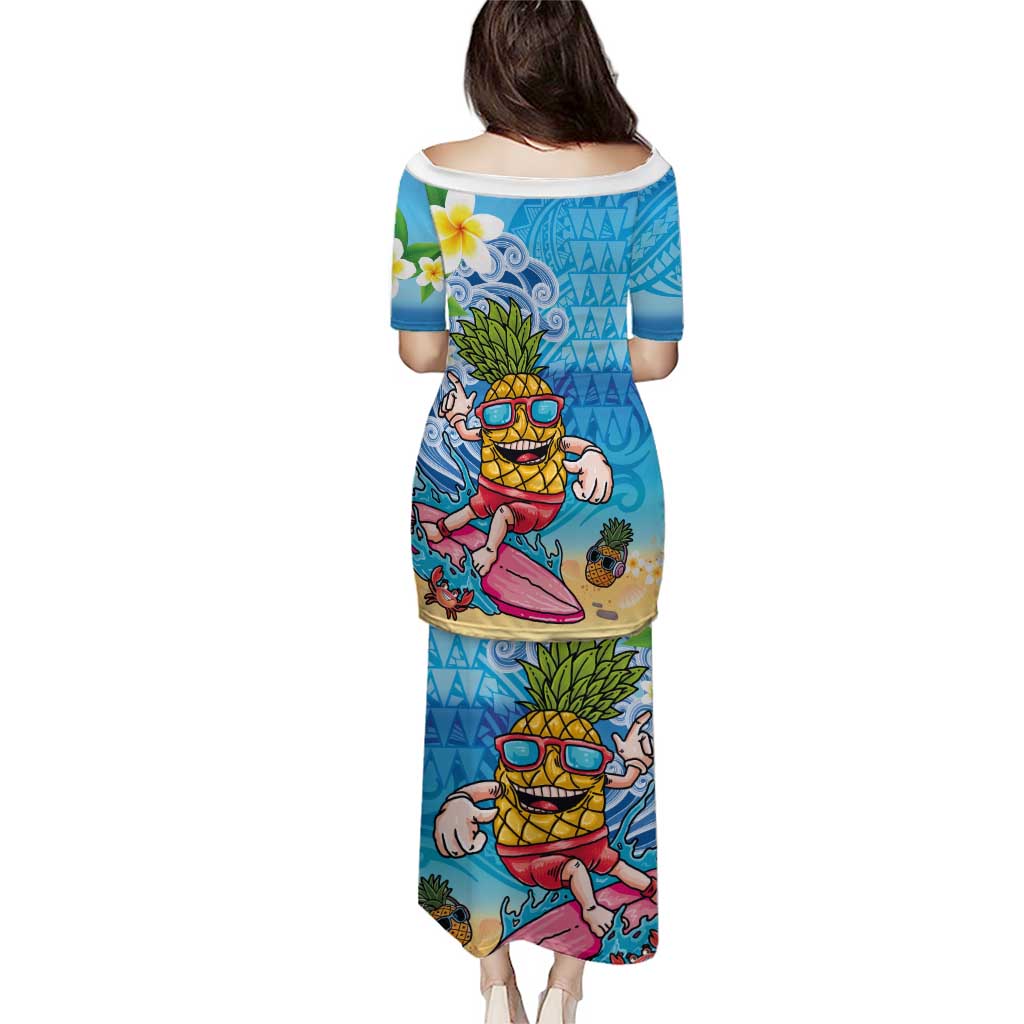 Hawaiian Funny Pineapple Surfing Puletasi Beach with Tribal Kakau and Plumeria LT03 - Polynesian Pride