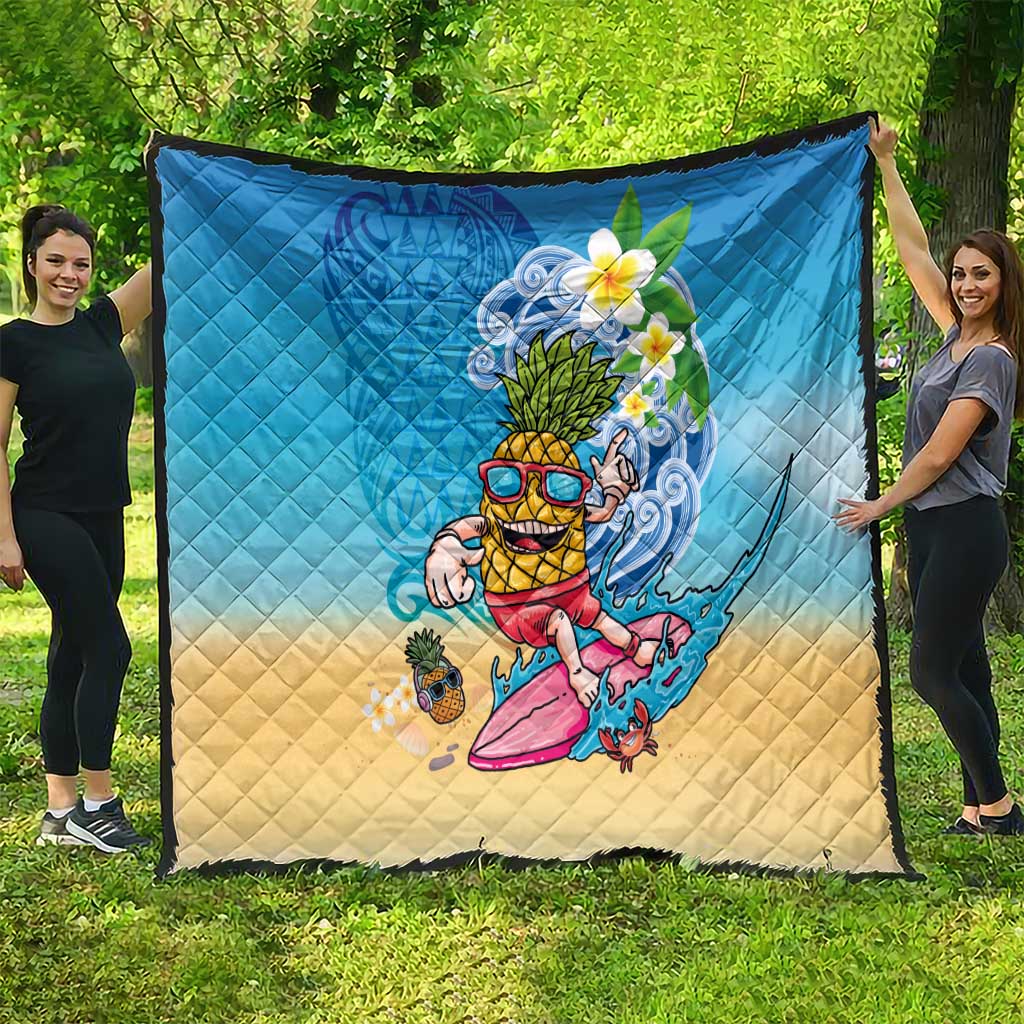 Hawaiian Funny Pineapple Surfing Quilt Beach with Tribal Kakau and Plumeria