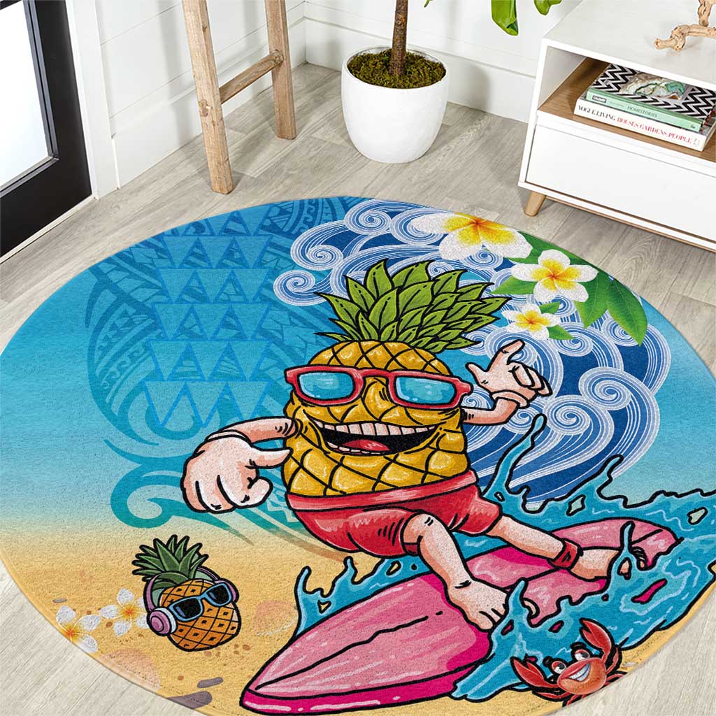 Hawaiian Funny Pineapple Surfing Round Carpet Beach with Tribal Kakau and Plumeria