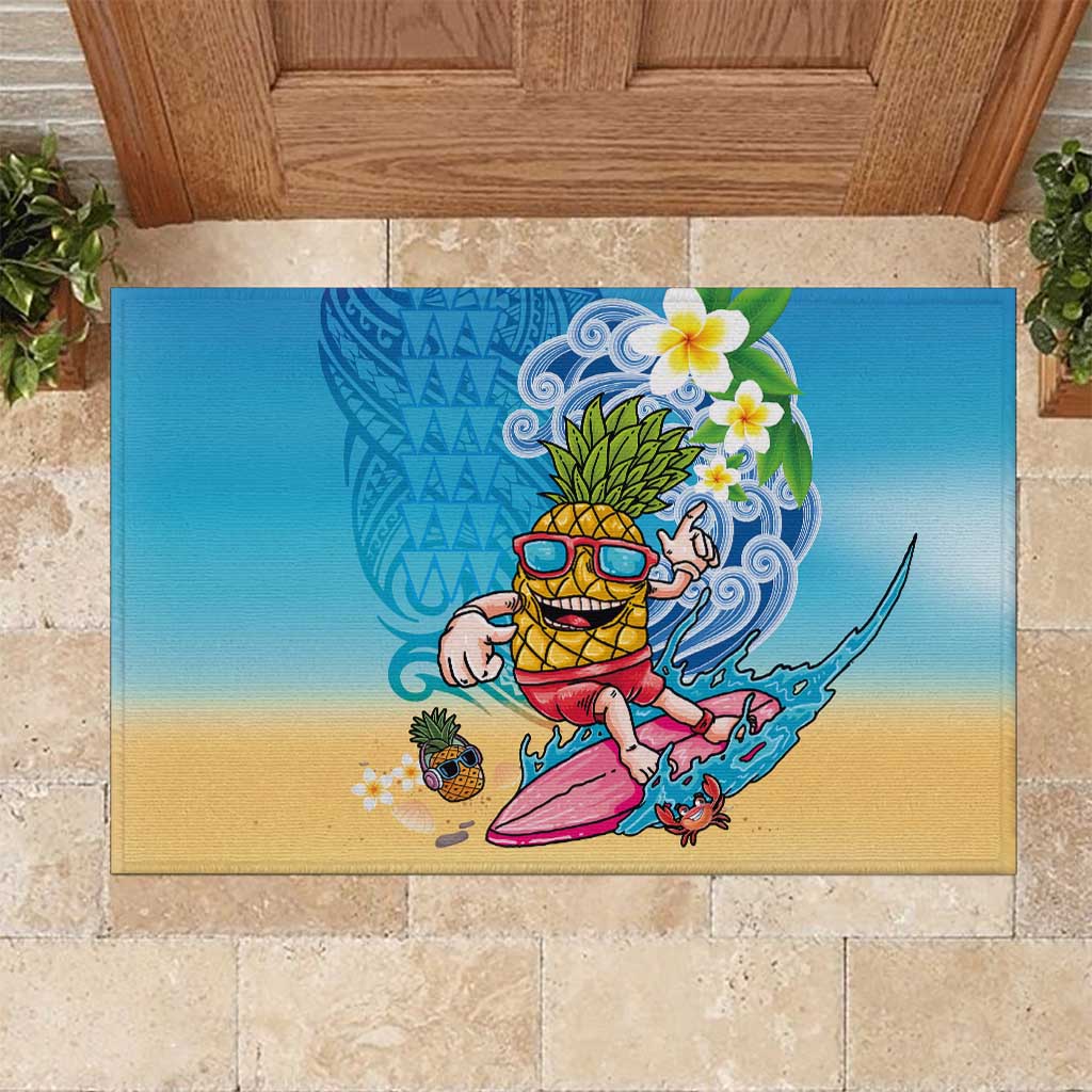 Hawaiian Funny Pineapple Surfing Rubber Doormat Beach with Tribal Kakau and Plumeria