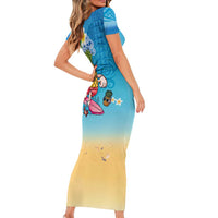 Hawaiian Funny Pineapple Surfing Short Sleeve Bodycon Dress Beach with Tribal Kakau and Plumeria