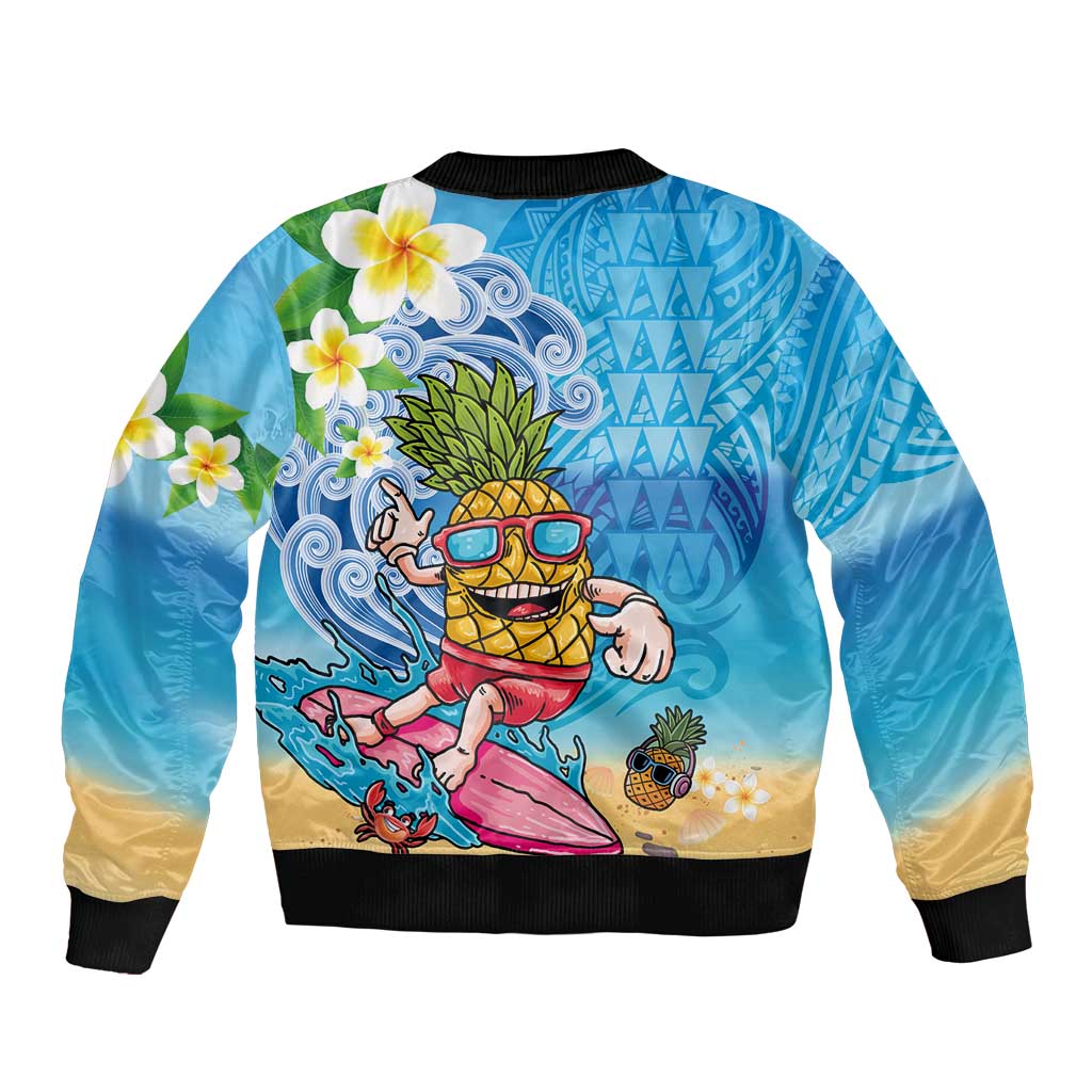 Hawaiian Funny Pineapple Surfing Sleeve Zip Bomber Jacket Beach with Tribal Kakau and Plumeria