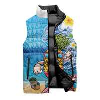 Hawaiian Funny Pineapple Surfing Sleeveless Puffer Jacket Beach with Tribal Kakau and Plumeria