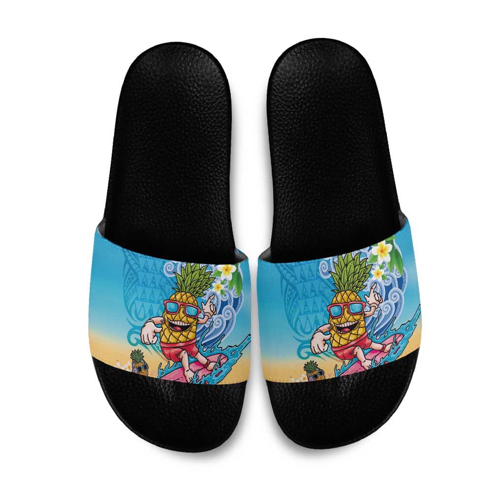 Hawaiian Funny Pineapple Surfing Slide Sandals Beach with Tribal Kakau and Plumeria LT03 Multicolor - Polynesian Pride