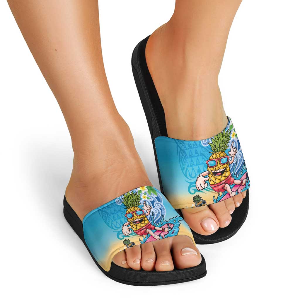 Hawaiian Funny Pineapple Surfing Slide Sandals Beach with Tribal Kakau and Plumeria LT03 - Polynesian Pride