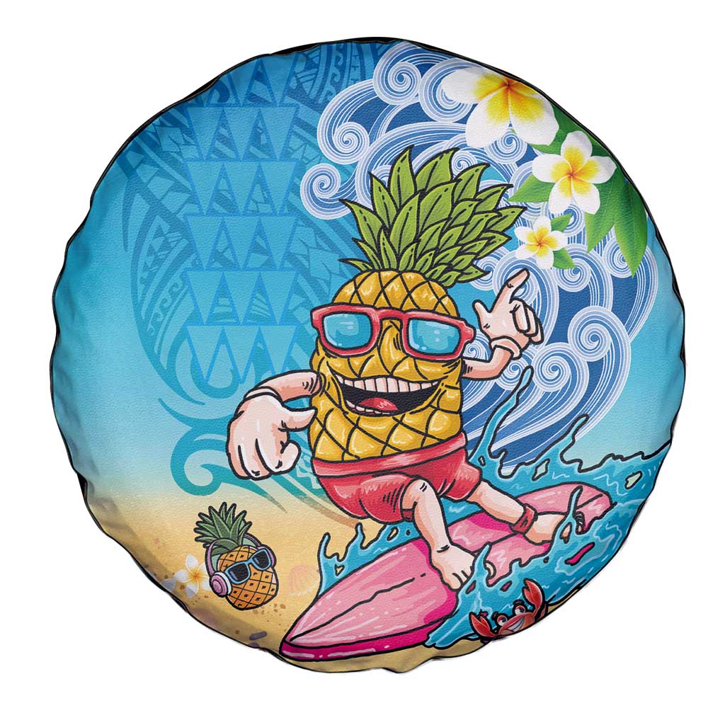 Hawaiian Funny Pineapple Surfing Spare Tire Cover Beach with Tribal Kakau and Plumeria