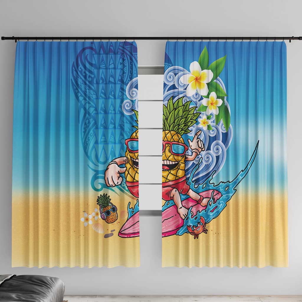 Hawaiian Funny Pineapple Surfing Window Curtain Beach with Tribal Kakau and Plumeria