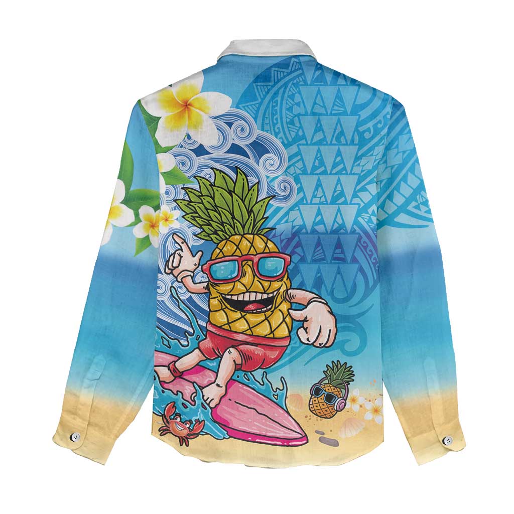 Hawaiian Funny Pineapple Surfing Women Casual Shirt Beach with Tribal Kakau and Plumeria