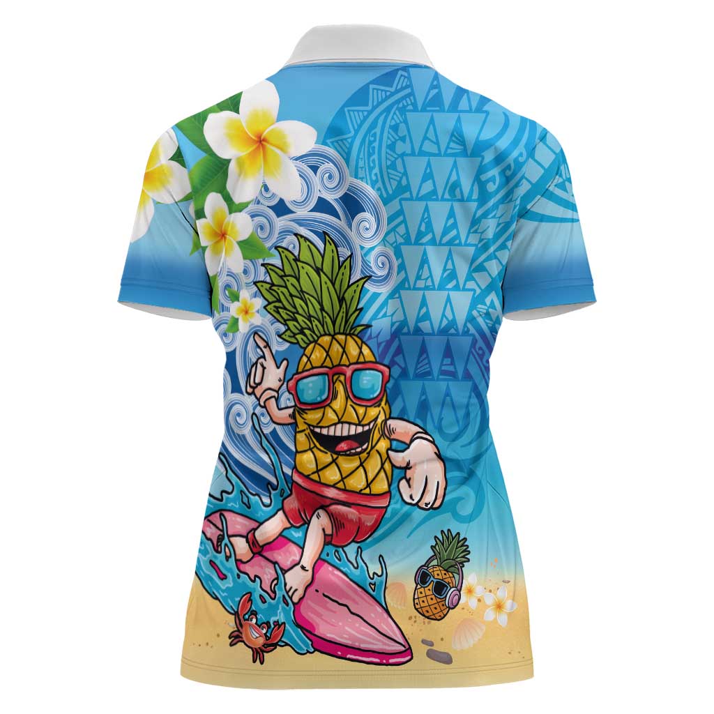 Hawaiian Funny Pineapple Surfing Women Polo Shirt Beach with Tribal Kakau and Plumeria