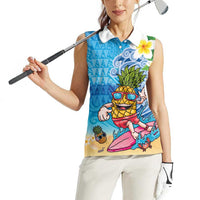 Hawaiian Funny Pineapple Surfing Women Sleeveless Polo Shirt Beach with Tribal Kakau and Plumeria