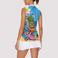 Hawaiian Funny Pineapple Surfing Women Sleeveless Polo Shirt Beach with Tribal Kakau and Plumeria