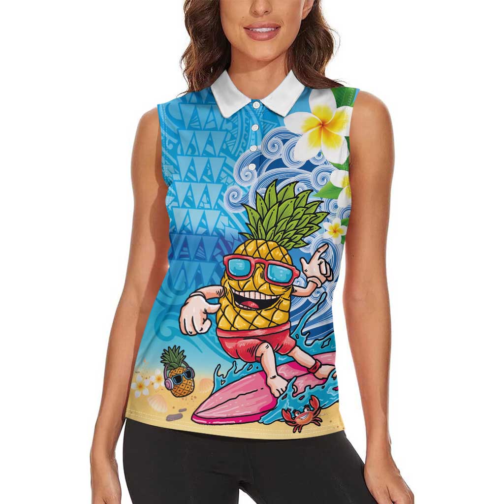 Hawaiian Funny Pineapple Surfing Women Sleeveless Polo Shirt Beach with Tribal Kakau and Plumeria