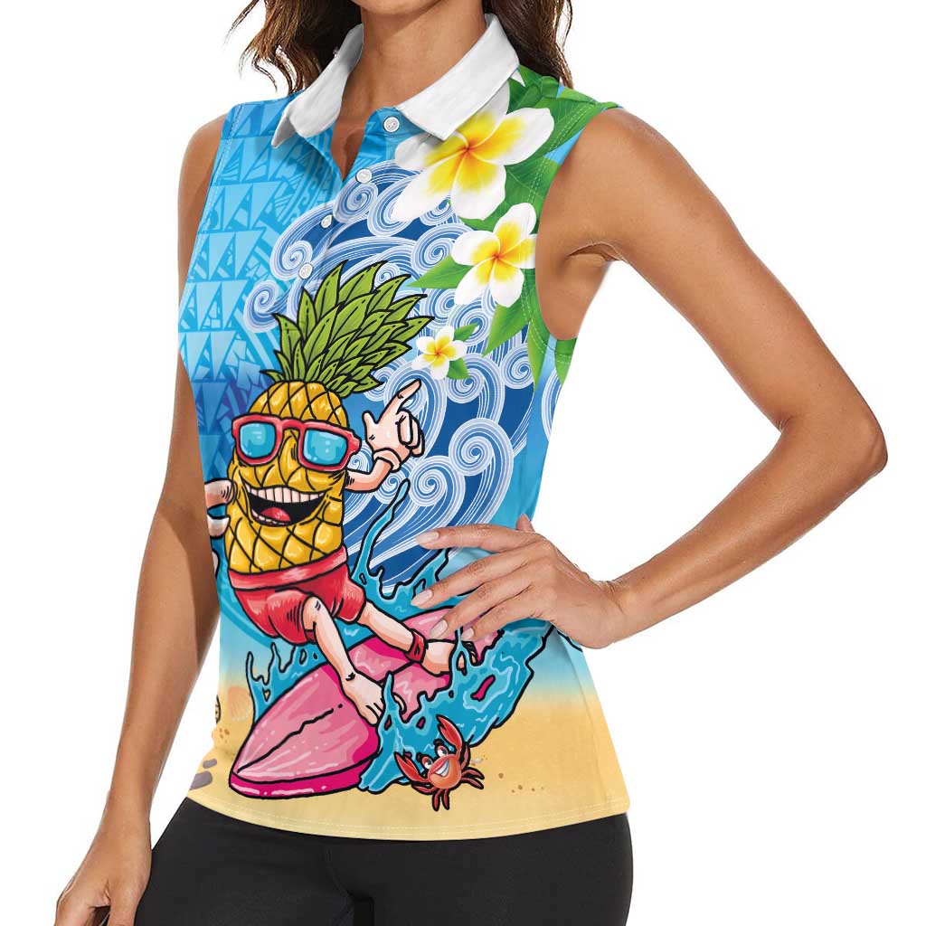 Hawaiian Funny Pineapple Surfing Women Sleeveless Polo Shirt Beach with Tribal Kakau and Plumeria