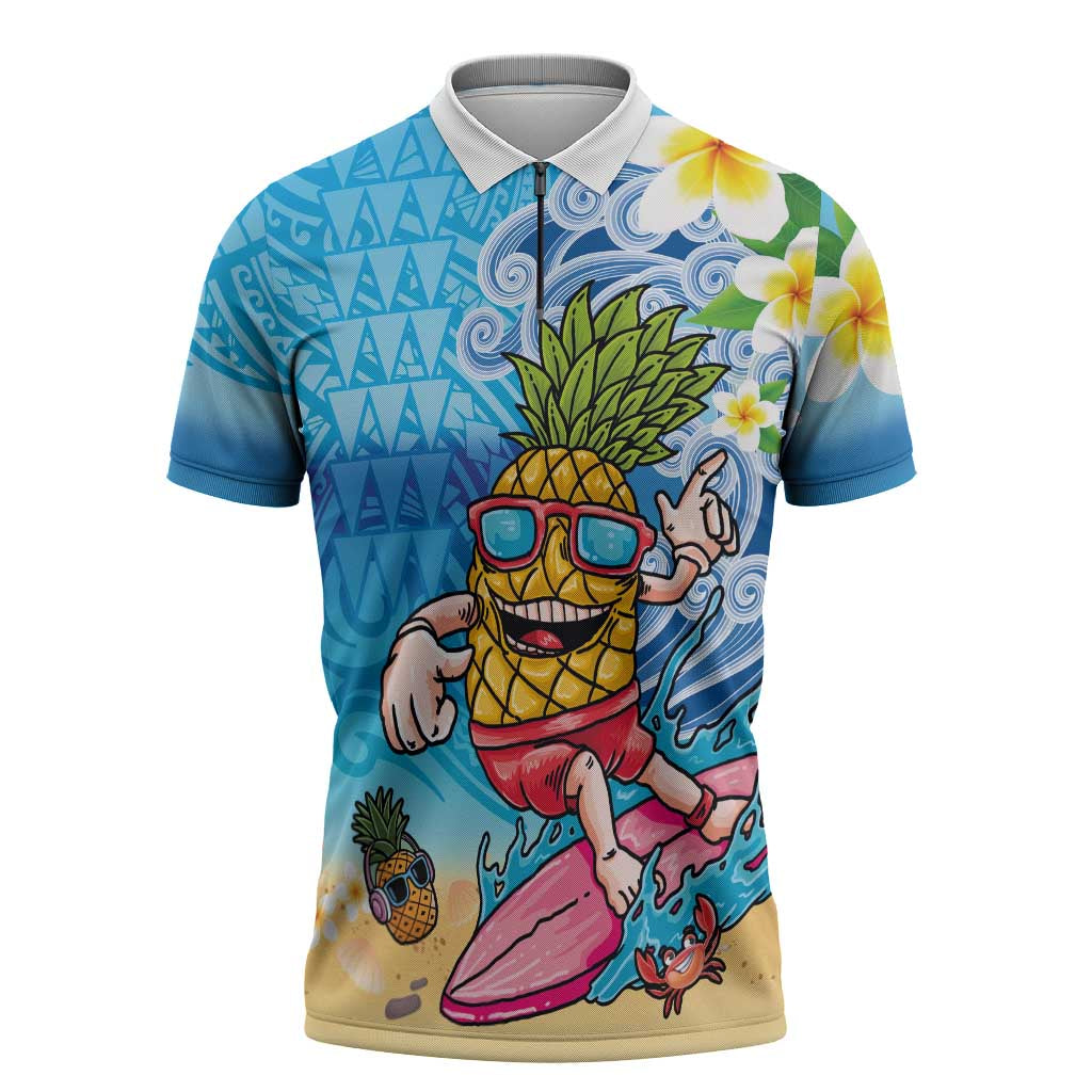 Hawaiian Funny Pineapple Surfing Zipper Polo Shirt Beach with Tribal Kakau and Plumeria