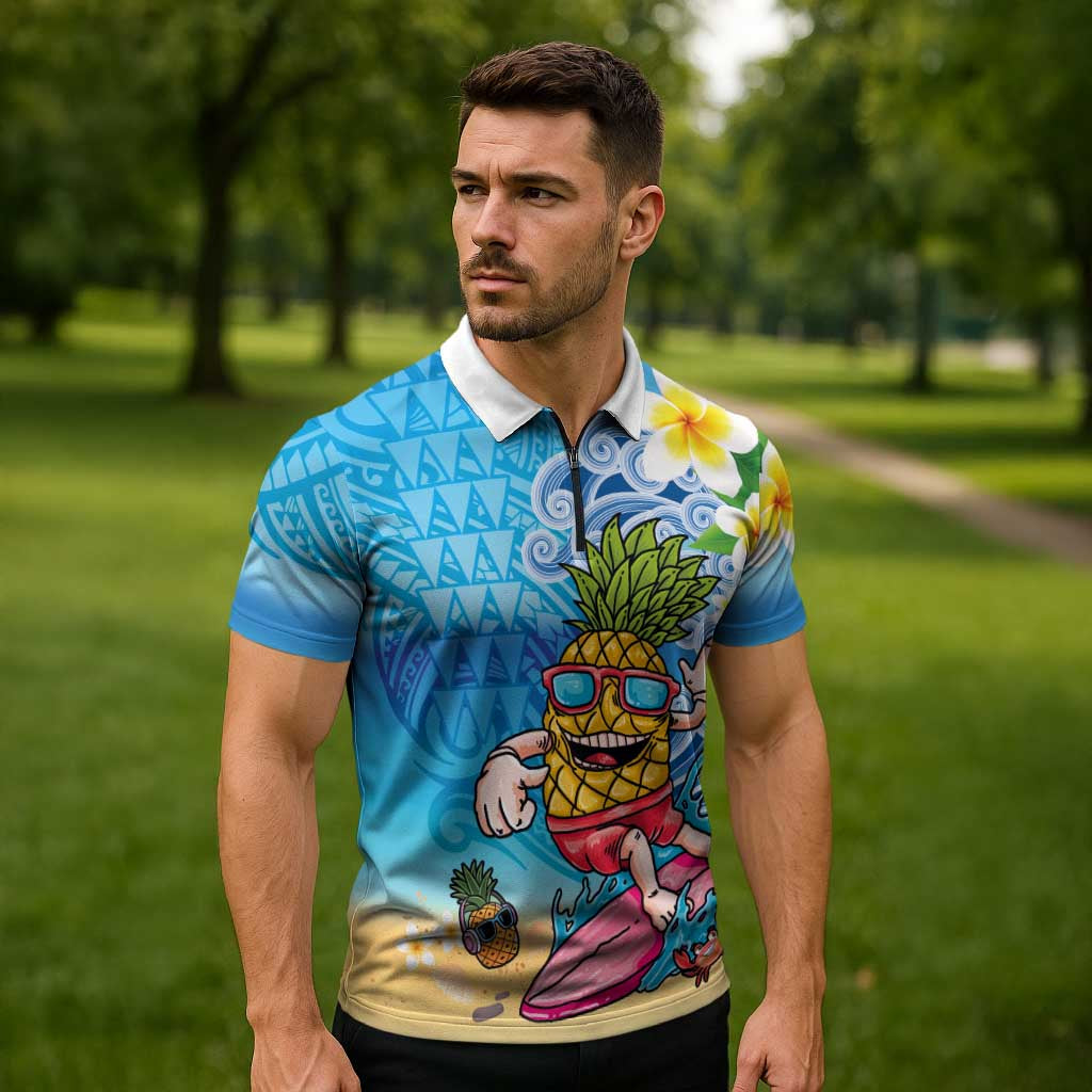 Hawaiian Funny Pineapple Surfing Zipper Polo Shirt Beach with Tribal Kakau and Plumeria