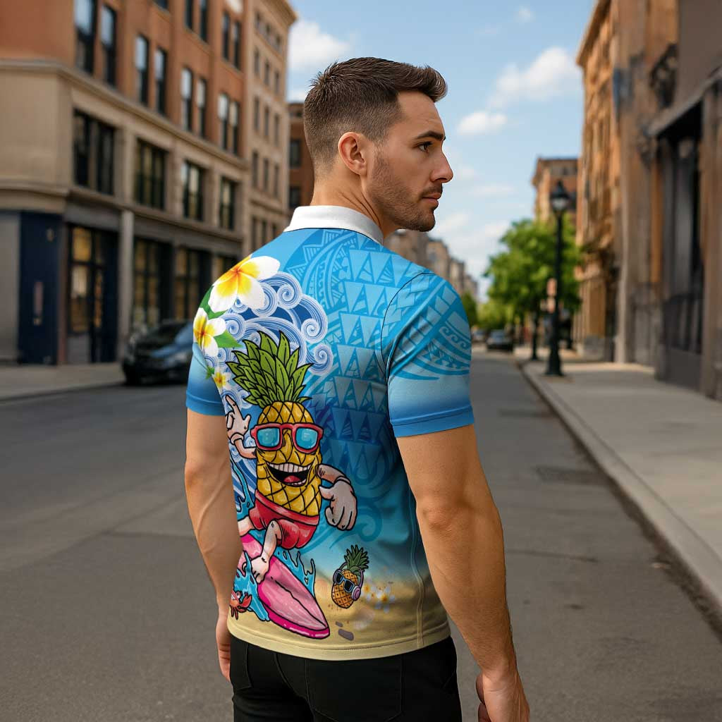 Hawaiian Funny Pineapple Surfing Zipper Polo Shirt Beach with Tribal Kakau and Plumeria