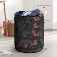 Hawaiian Taro Leaves and Ohia Lehua Laundry Basket Polynesian Tribal Art Tropical Plants Motifs Grayscale