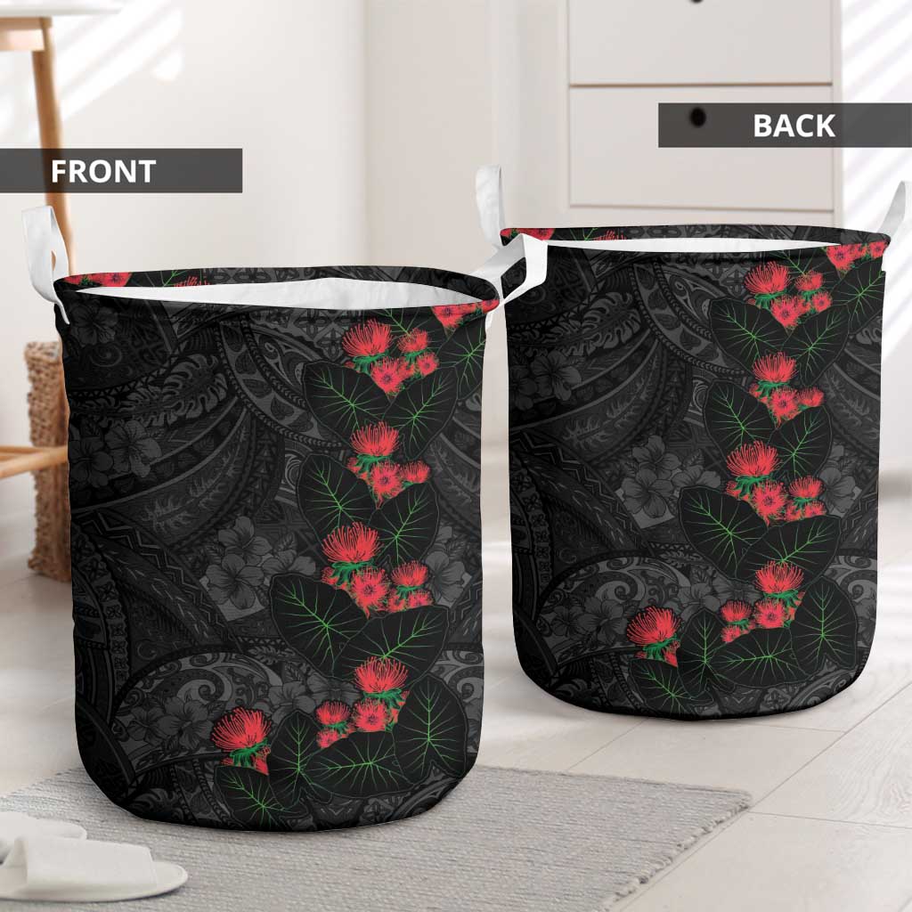 Hawaiian Taro Leaves and Ohia Lehua Laundry Basket Polynesian Tribal Art Tropical Plants Motifs Grayscale