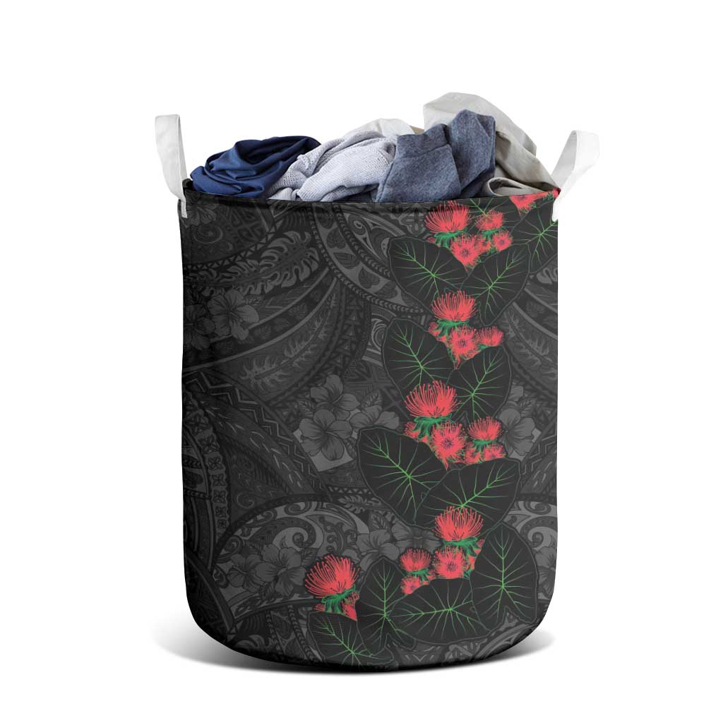 Hawaiian Taro Leaves and Ohia Lehua Laundry Basket Polynesian Tribal Art Tropical Plants Motifs Grayscale