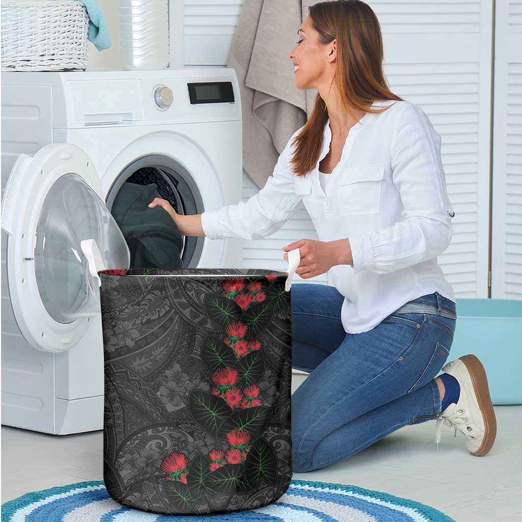 Hawaiian Taro Leaves and Ohia Lehua Laundry Basket Polynesian Tribal Art Tropical Plants Motifs Grayscale