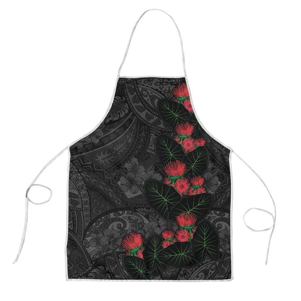 Hawaiian Taro Leaves and Ohia Lehua Apron Polynesian Tribal Art Tropical Plants Motifs Grayscale