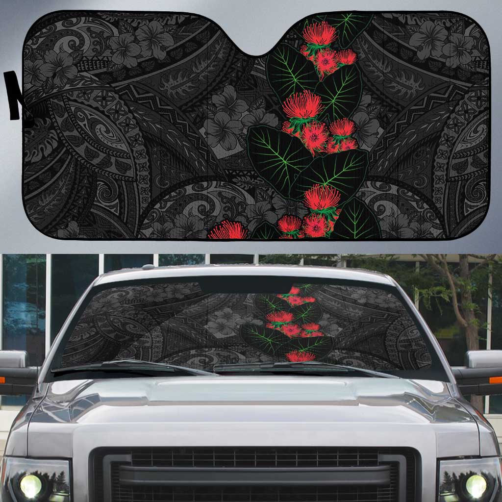 Hawaiian Taro Leaves and Ohia Lehua Auto Sun Shade Polynesian Tribal Art Tropical Plants Motifs Grayscale