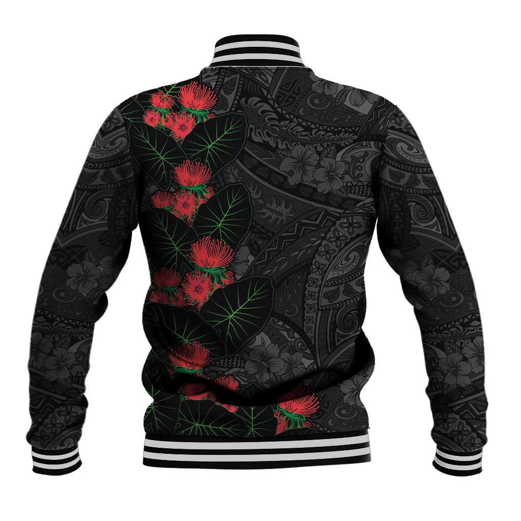 Hawaiian Taro Leaves and Ohia Lehua Baseball Jacket Polynesian Tribal Art Tropical Plants Motifs Grayscale