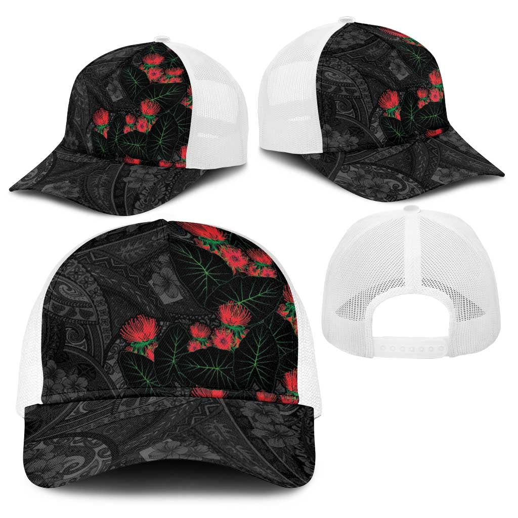 Hawaiian Taro Leaves and Ohia Lehua Baseball Net Cap Polynesian Tribal Art Tropical Plants Motifs Grayscale