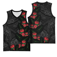 Hawaiian Taro Leaves and Ohia Lehua Basketball Jersey Polynesian Tribal Art Tropical Plants Motifs Grayscale