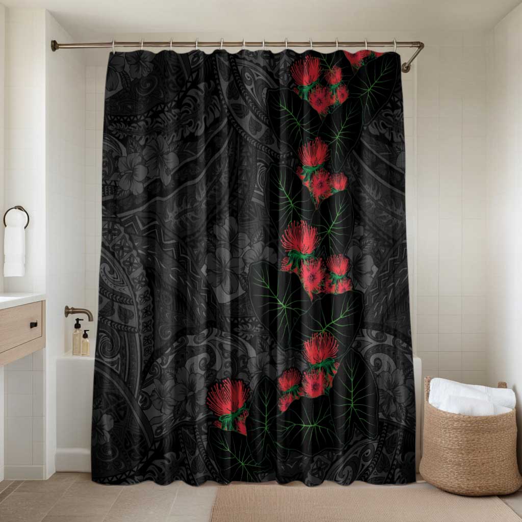 Hawaiian Taro Leaves and Ohia Lehua Bathroom Set Polynesian Tribal Art Tropical Plants Motifs Grayscale