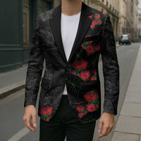 Hawaiian Taro Leaves and Ohia Lehua Blazer Polynesian Tribal Art Tropical Plants Motifs Grayscale