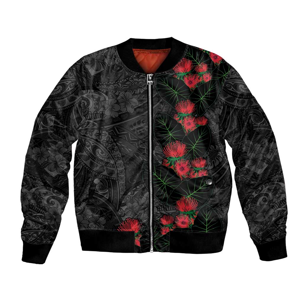 Hawaiian Taro Leaves and Ohia Lehua Bomber Jacket Polynesian Tribal Art Tropical Plants Motifs Grayscale