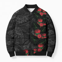 Hawaiian Taro Leaves and Ohia Lehua Bomber Puffer Jacket Polynesian Tribal Art Tropical Plants Motifs Grayscale