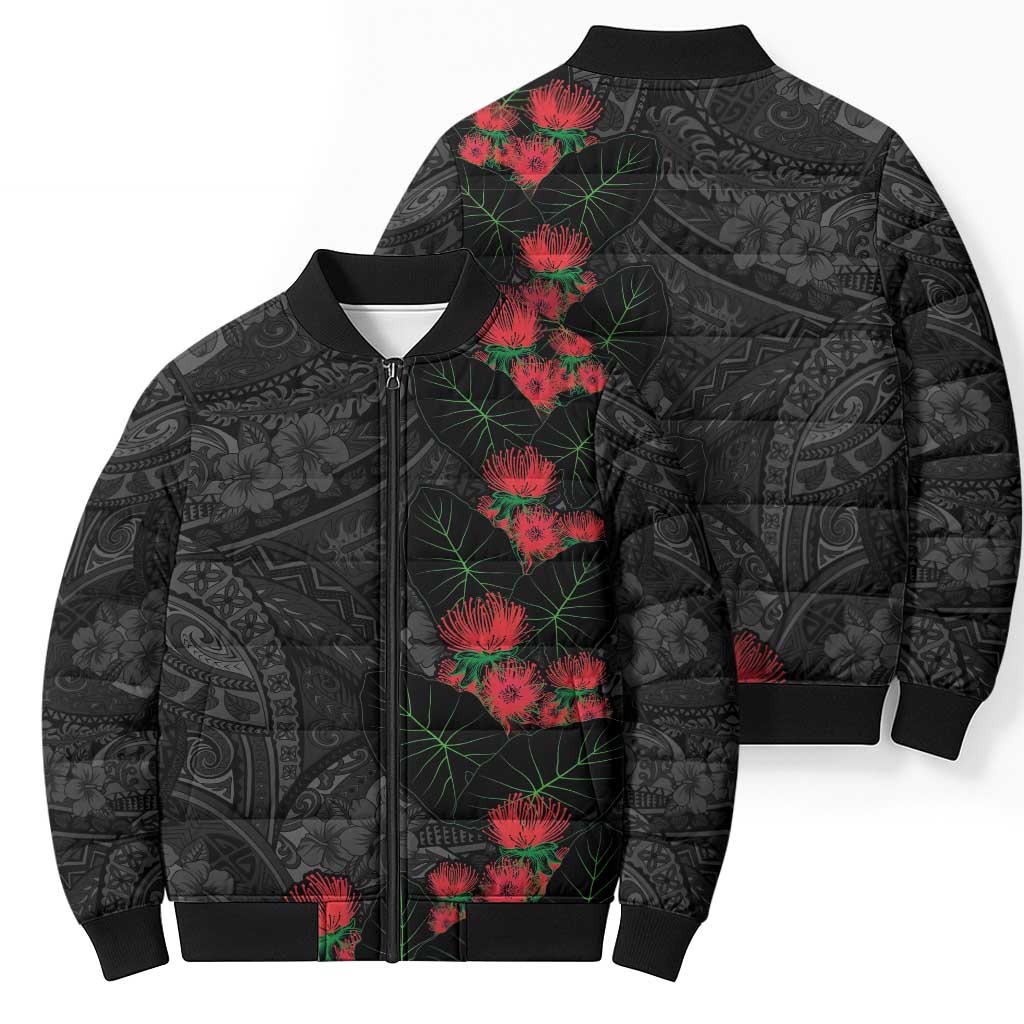 Hawaiian Taro Leaves and Ohia Lehua Bomber Puffer Jacket Polynesian Tribal Art Tropical Plants Motifs Grayscale
