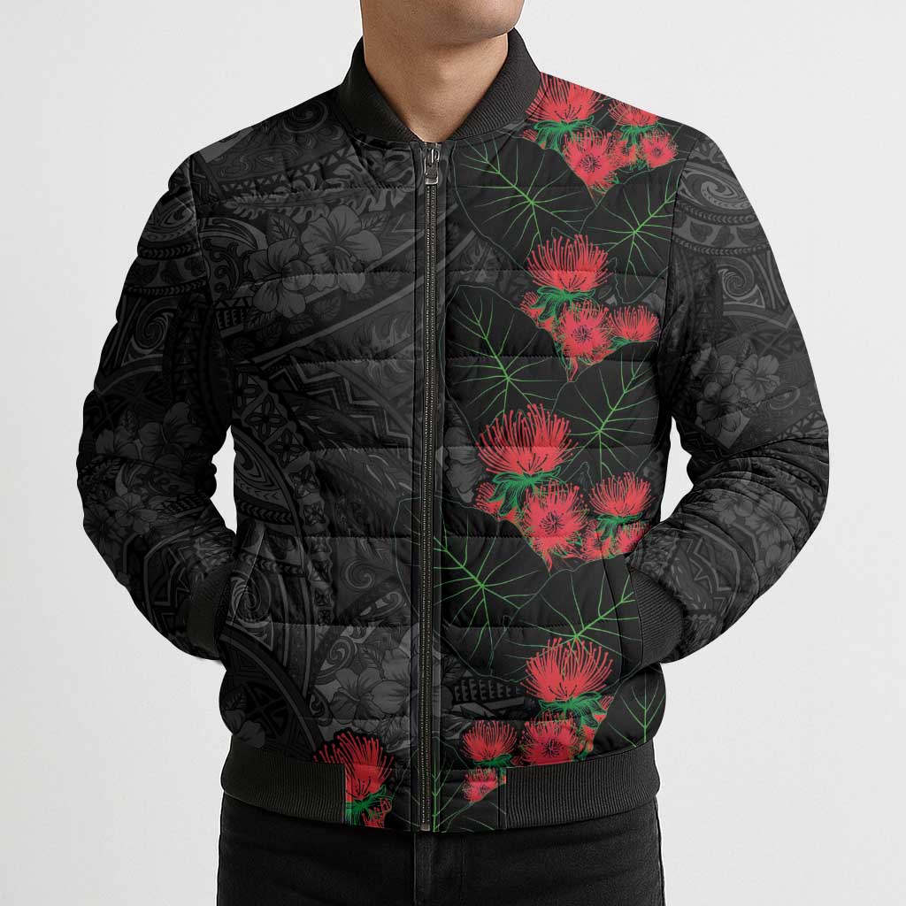 Hawaiian Taro Leaves and Ohia Lehua Bomber Puffer Jacket Polynesian Tribal Art Tropical Plants Motifs Grayscale
