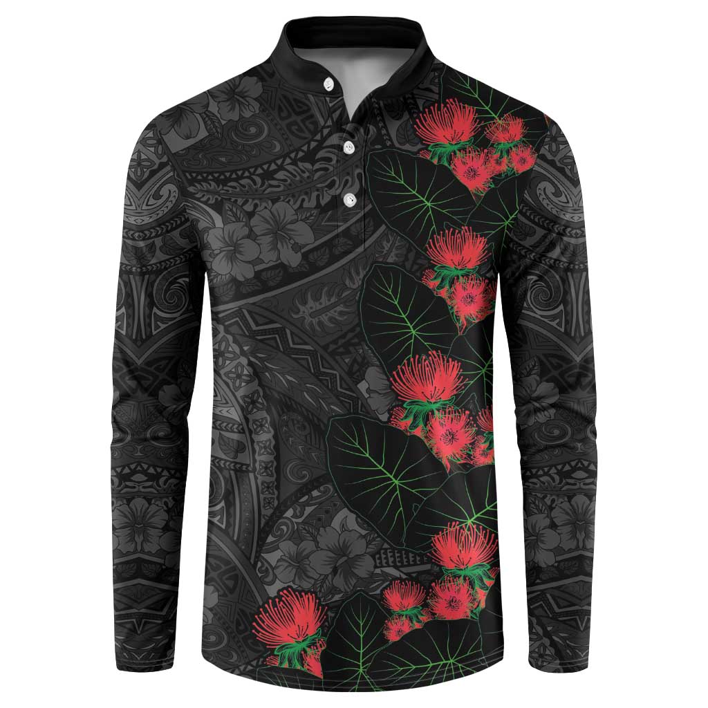 Hawaiian Taro Leaves and Ohia Lehua Button Sweatshirt Polynesian Tribal Art Tropical Plants Motifs Grayscale