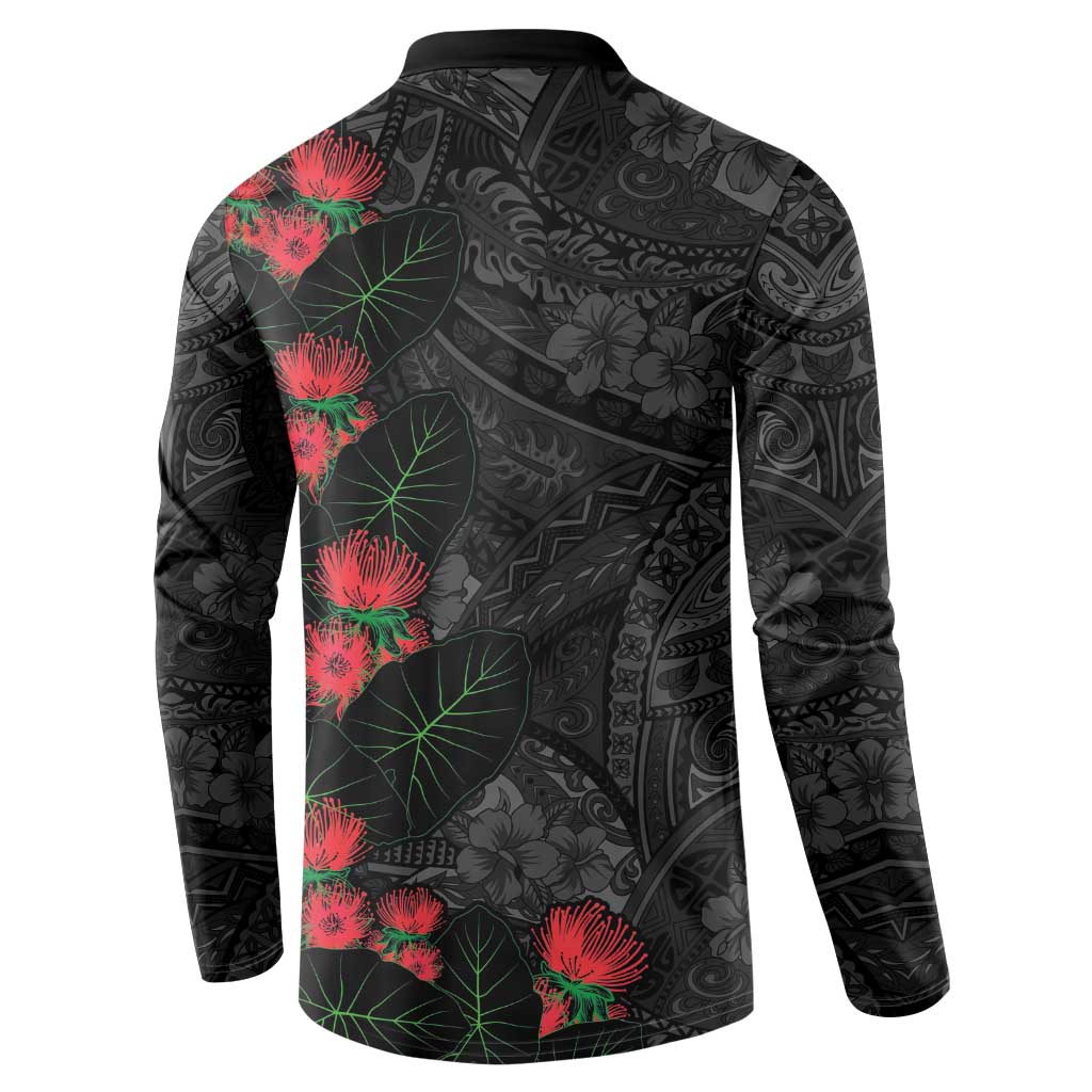 Hawaiian Taro Leaves and Ohia Lehua Button Sweatshirt Polynesian Tribal Art Tropical Plants Motifs Grayscale