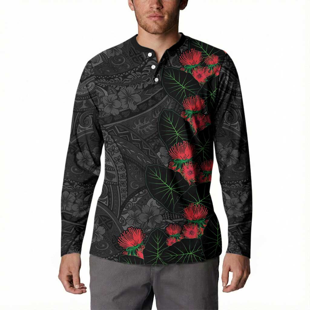 Hawaiian Taro Leaves and Ohia Lehua Button Sweatshirt Polynesian Tribal Art Tropical Plants Motifs Grayscale