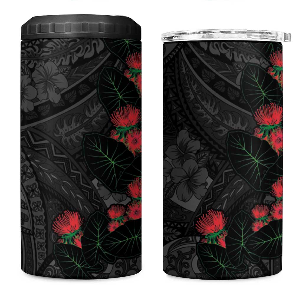 Hawaiian Taro Leaves and Ohia Lehua 4 in 1 Can Cooler Tumbler Polynesian Tribal Art Tropical Plants Motifs Grayscale