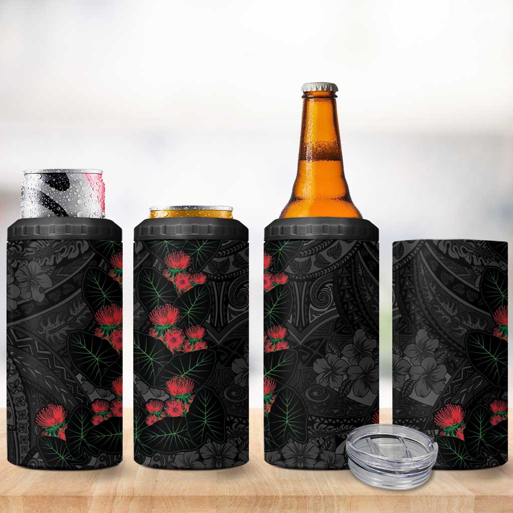 Hawaiian Taro Leaves and Ohia Lehua 4 in 1 Can Cooler Tumbler Polynesian Tribal Art Tropical Plants Motifs Grayscale