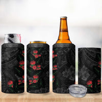 Hawaiian Taro Leaves and Ohia Lehua 4 in 1 Can Cooler Tumbler Polynesian Tribal Art Tropical Plants Motifs Grayscale