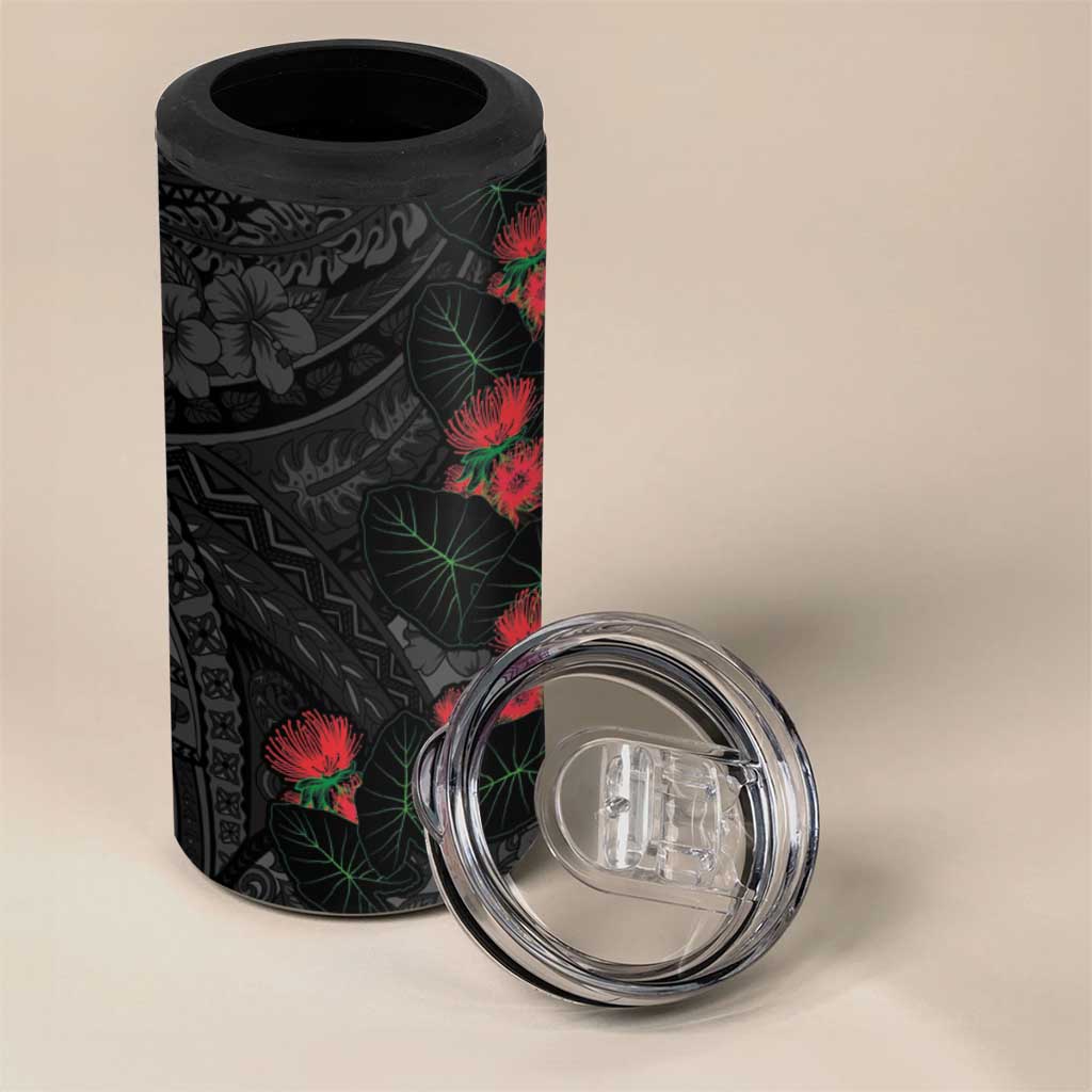 Hawaiian Taro Leaves and Ohia Lehua 4 in 1 Can Cooler Tumbler Polynesian Tribal Art Tropical Plants Motifs Grayscale
