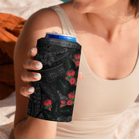 Hawaiian Taro Leaves and Ohia Lehua 4 in 1 Can Cooler Tumbler Polynesian Tribal Art Tropical Plants Motifs Grayscale