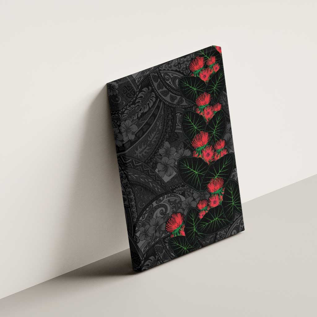 Hawaiian Taro Leaves and Ohia Lehua Canvas Wall Art Polynesian Tribal Art Tropical Plants Motifs Grayscale