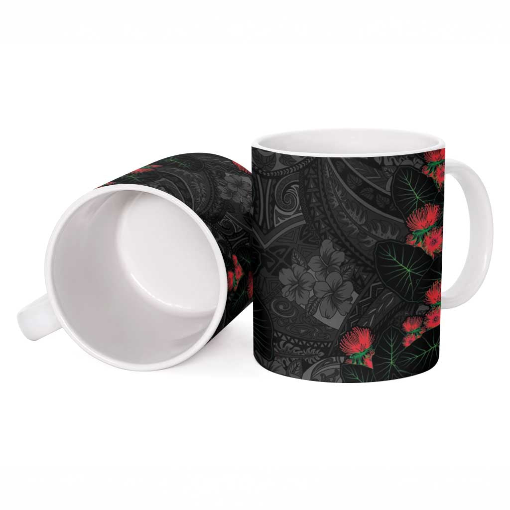 Hawaiian Taro Leaves and Ohia Lehua Ceramic Mug Polynesian Tribal Art Tropical Plants Motifs Grayscale