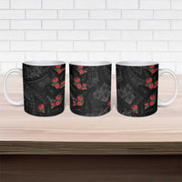 Hawaiian Taro Leaves and Ohia Lehua Ceramic Mug Polynesian Tribal Art Tropical Plants Motifs Grayscale