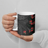 Hawaiian Taro Leaves and Ohia Lehua Ceramic Mug Polynesian Tribal Art Tropical Plants Motifs Grayscale