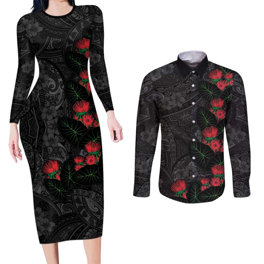 Hawaiian Taro Leaves and Ohia Lehua Couples Matching Long Sleeve Bodycon Dress and Long Sleeve Button Shirt Polynesian Tribal Art Tropical Plants Motifs Grayscale LT03 Multicolor - Polynesian Pride