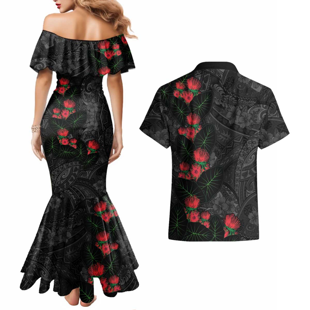 Hawaiian Taro Leaves and Ohia Lehua Couples Matching Mermaid Dress and Hawaiian Shirt Polynesian Tribal Art Tropical Plants Motifs Grayscale