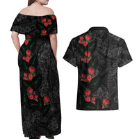 Hawaiian Taro Leaves and Ohia Lehua Couples Matching Off Shoulder Maxi Dress and Hawaiian Shirt Polynesian Tribal Art Tropical Plants Motifs Grayscale